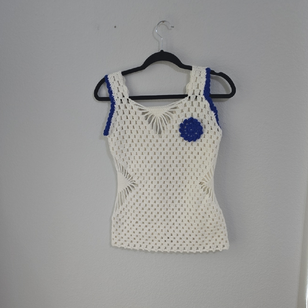 Elegant White and Blue Crochet Top